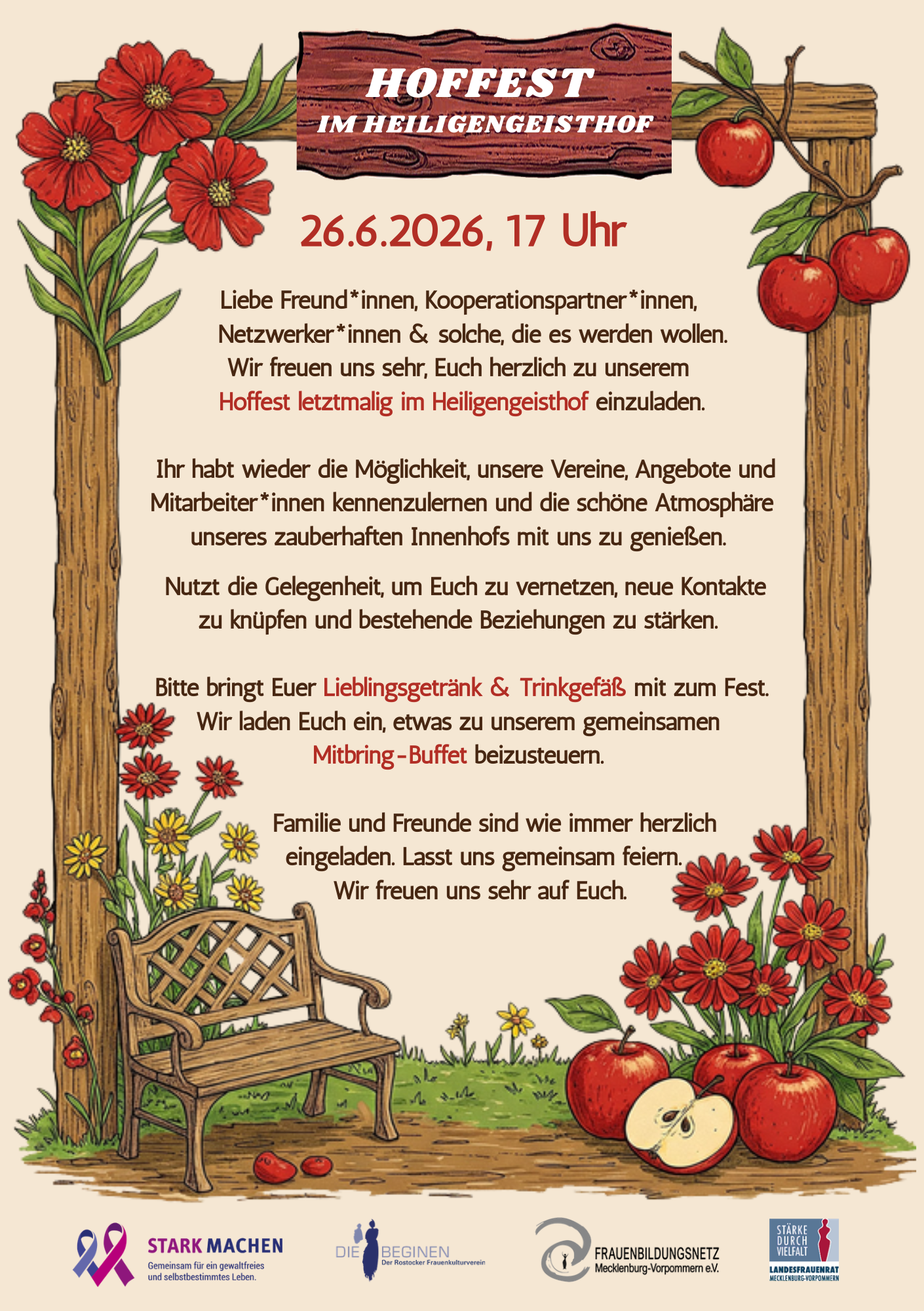 Liebe Freundinnen, Kooperationspartnerinnen, Netzwerkerinnen & solche, die es werden wollen… Wir freuen uns sehr, Euch herzlich zu unserem Hoffest im Heiligengeisthof einzuladen! Ihr habt wieder d